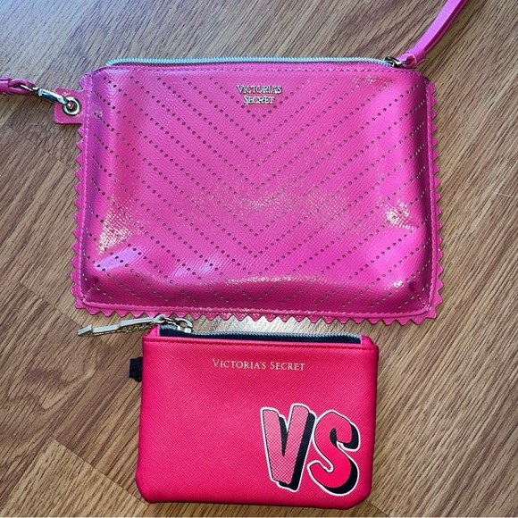 Lot 2 Victoria Secret Wristlet Laser Cut Zippered Clutch & Red Small Coin Purse - Picture 1 of 6